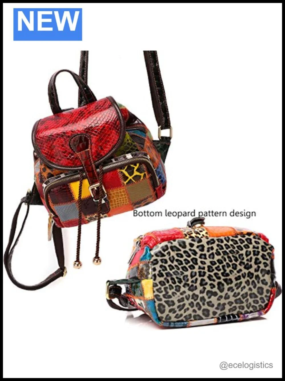 Genuine Leather Patchwork Bohemian Backpack with Removable Adjustable Strap,